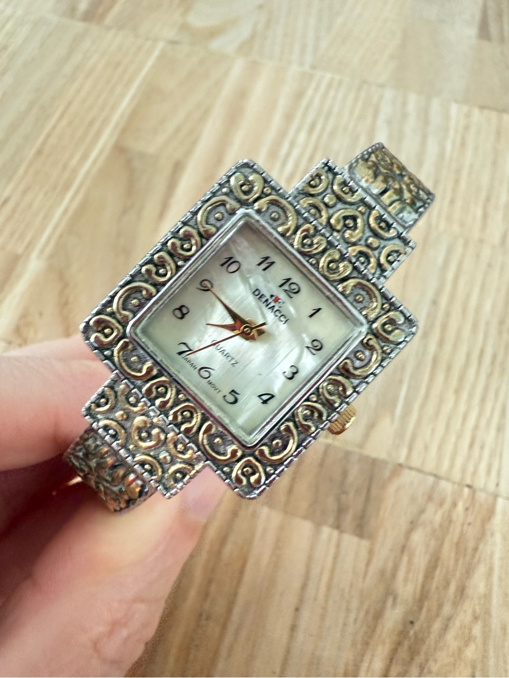 Denacci ladies square two toned cuff bracelet watch NEW BATTERY